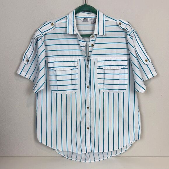 Vintage Here’s a Hug White Turquoise Striped Boxy Camp Shirt 80s M - Picture 1 of 7